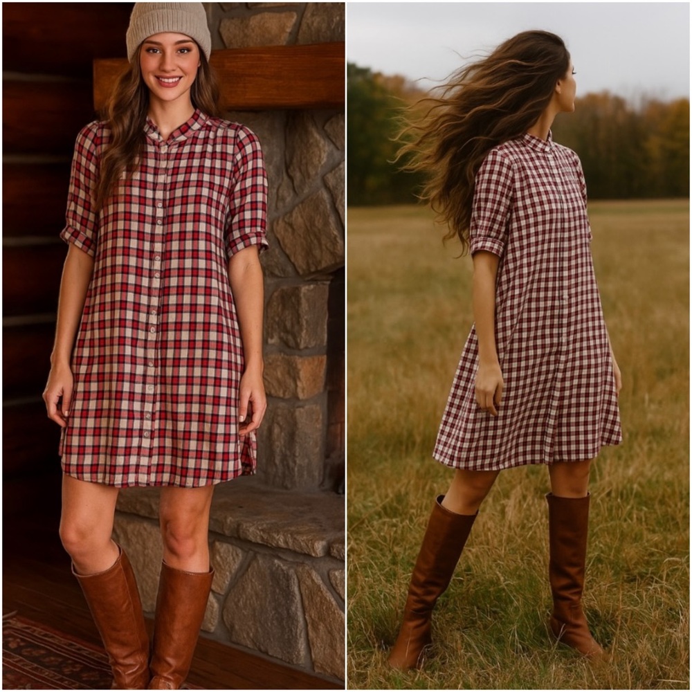 THE GREAT Heritage Tartan Plaid Ruffle Short Puff Sleeve Button Up Shirt Dress S